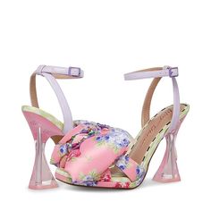 Blue by Betsey Johnson Pollie Spring Fabric Sandals With Cushioned Footbed, Fabric Sandals With Removable Insole For Spring, Open Toe Sandals With Floral Print For Evening, Floral Print Open Toe Sandals For Evening, Spring Ankle Strap Fabric Sandals, Evening Floral Print Open Toe Sandals, Spring Fabric Open Heel Heels, Summer Fabric Sandals With Wrapped Heel, Summer Fabric Heels With Heel Strap