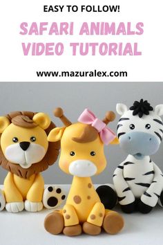 three stuffed animals sitting next to each other on top of a white surface with text overlay that says easy to follow safari animals video