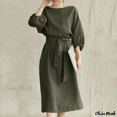 Olivia Mark - Pure Color Formal Long Dress with Tie Belt Linen Dresses Elegant, Round Neck Dresses, Linen Style, Crewneck Dress, Loose Outfit, Mid Dresses, Long Sleeve Midi, Long Sleeve Midi Dress, Outfit Casual