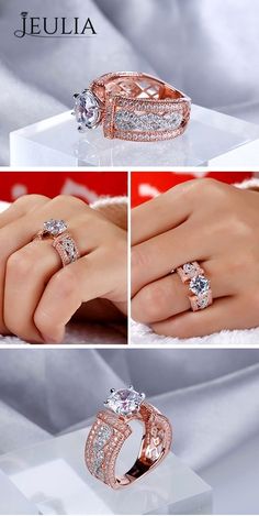 three different views of an engagement ring with diamonds on the side and in between them