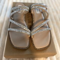 Brand New, Never Worn; Still In Box! Steve Madden Formal Sliver Starie Rhinestone Sandals Silver Bedazzled Flat Sandals, Silver Flat Heel Sandals With Rhinestones, Silver Sandals With Rhinestones And Flat Heel, Glamorous Silver Flat Heel Sandals, Silver Bedazzled Open Toe Sandals, Silver Flat Sandals With Bling, Silver Flat Sandals With Rhinestones, Prom Sandals, Jelly Crystals