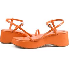 Beautiful Cute Shoes!! Love Them! Good For Wide Feet As Well As It Is Adjustable And Forgiving. I'm Usually An 8.5 But Usually Size Up To 9 If I Need More Space And This Shoe Was Too Large For Me. Sole Material Polyurethane Outer Material Polyurethane (Pu) Closure Type Buckle About This Item Material: The Sandals Are Made Of High Quality Pu And Non-Slip Rubber Bottom Sole, Wear-Resistant, Flexible, Waterproof And Lightweight. Stylish Sandals: Adjustable Buckle Ankle Strap Fits Well With Your Foo Beach Wedge Sandals With Heel And Toe Straps, Beach Wedge Sandals With Heel And Single Toe Strap, Synthetic Single Toe Strap Wedge Sandals With Platform, Orange High Heel Wedge Sandals For Summer, Orange Platform Wedge Sandals For Summer, Orange Wedge Sandals For Summer, Summer Orange Heels With Heel Loop, Orange Summer Heels With Heel Loop, Orange Synthetic Wedge Sandals With Round Toe