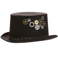 If you're ready to top off your spectacular Steampunk costume, this Steampunk Top Hat is literally the best tip we can give you. This is a 5.5" hat with rivets and grommets for style and function and includes several different styles of brass gears and chain to give you that perfect accent to your Alternate History look! Sci Fi Outfit, Top Hat Costume, Kiss Costume, Steampunk Boots, Troll Costume, Fun Costumes, Steampunk Top, Metal Gears, Steampunk Top Hat