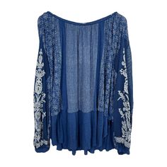 Free People Indigo Dreams Tunic. Oversized Long Sleeve Top With Crochet And Embroidered Details On Sleeves. Back Keyhole Cutout. Lightweight And Flowy. Size: Medium Pit To Pit: 32" Length: 28" Condition: Nwt. New. Traditional Blue Embroidered Peasant Top, Casual Blue Peasant Top With Floral Embroidery, Blue Embroidered Long Sleeve Peasant Top, Casual Blue Embroidered Peasant Top, Blue Embroidered Folk Peasant Top, Blue Flowy Bohemian Peasant Top, Blue Peasant Blouse With Floral Embroidery, Blue Bohemian Embroidered Peasant Top, Blue Bohemian Peasant Top For Spring