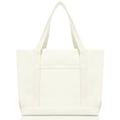 DALIX brings quality and convenience to complement your outings. Our Cotton Canvas tote is not only easy on the eyes, but it is also very durable with its 24 oz. quality material and stitching. In the main compartment is enclosed with a zipper to prevent your belongings from falling out or lost. Also features a front pocket for storage of smaller items, bottles, or accessories for easy access. FEATURES: 1 Outer Pocket, 11" Drop Handles, Zippered Top Closure. MATERIAL: DALIX Premium 24 oz. 100% C Large Canvas Bag For Daily Use, Solid Color Canvas Bag With Zipper Pocket, Solid Canvas Bag With Zipper Pocket, White Cotton Canvas Bag For On-the-go, Large White Canvas Bag For Everyday Use, Large Canvas Bag With Reinforced Handles For Everyday Use, Large White Everyday Canvas Bag, Large Practical Canvas Bag, Functional Rectangular Canvas Bag For Daily Use