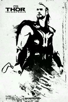 a black and white drawing of thor