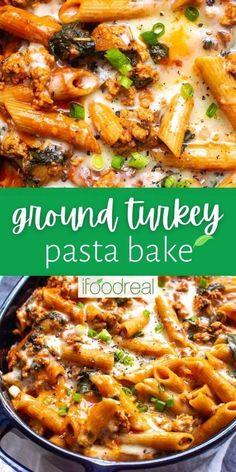 ground turkey pasta bake in a blue casserole dish with text overlay