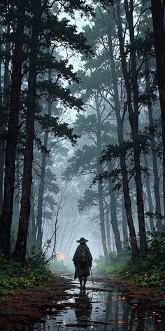 a person with an umbrella walking in the rain through a forest on a rainy day