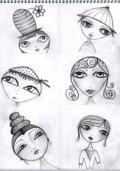 a drawing of different women's hair styles and their eyes are drawn in pencil