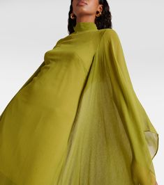 Lanzarote silk chiffon kaftan in green - Taller Marmo | Mytheresa Elegant Green Georgette Kaftan, Elegant Green Blouse With Sheer Dupatta, Elegant Silk Kaftan With Sheer Dupatta, Traditional Silk Dress With Cape Sleeves, Elegant Georgette Kaftan With Sheer Dupatta, Green Silk Kurta With Sheer Dupatta, Elegant Festive Silk Tunic, Elegant Silk Tunic For Festive Occasions, Elegant Cotton Silk Spring Dress