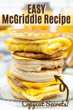 a stack of pancakes sitting on top of a plate with the words easy mcdonald's recipe