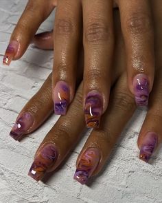 Orange And Purple Marble Nails, Natural Manicure Ideas Classy, Square Builder Gel Nails, Marble Gel Nail Designs, Square Gel Nail Designs, Gel X Nail Designs Square, Dope Nail Designs Short Length, Short Maximalist Nails, Orange Marble Nails