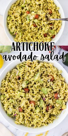 two bowls of artichoke pasta with broccoli and tomatoes in the background