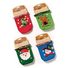 four christmas socks with santa claus and snowman on them, all in different colors