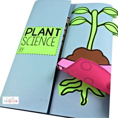 an open book with a plant on it and a piece of paper sticking out of the cover