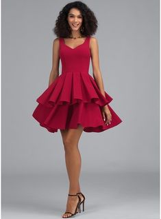 JJ's House Cascading Ruffles Stretch Crepe V-Neck Fall Summer Spring Winter A-line General Plus Back Zip Elegant Vintage Skater Dresses Simple Burgundy Height:5.8ft（176cm） Bust:32in（82cm）Waist:24in（61cm）Hips:35in（89cm） No Short Red Sleeveless Homecoming Dress. #JJ's House #CascadingRuffles #StretchCrepe #VNeck #Fall #Summer #Spring #Winter #Aline #General #Plus #BackZip #Elegant #Vintage #SkaterDresses #Simple #Burgundy #No #Short #Red #Sleeveless #HomecomingDress Formal Dinner Dress Classy Simple, Knee Length Party Dresses, Daughter Outfits, Junior Prom, Fun Outfits, Mini Homecoming Dresses, 50th Party, Cascading Ruffles, Two Piece Homecoming Dress