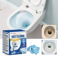 the toilet is clean and ready to be used by someone with it's cleaning supplies