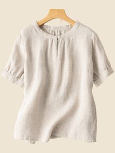 Women's Cotton Linen Shirt Short Sleeve Crew Neck Graceful Linen Blouse Solid Color Outfits, Women Floral Blouse, Fashionista Clothes, Spring Outfits Women, Loose Shirts, Linen Blouse, Round Neck Tops, Shirt Short Sleeve, Women Shirts Blouse