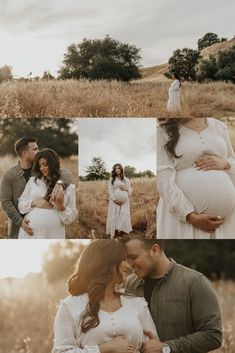 a pregnant couple standing in a field at sunset