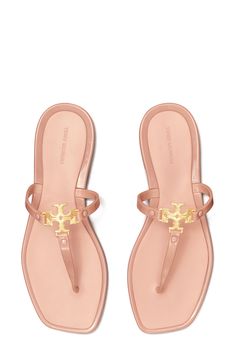 Make a playful retro statement with this carefree jelly sandal topped with polished logo hardware. Flat sole Synthetic upper, lining and sole Imported Designer Flat Sandals, Cute Sandals For Women, Flats Sandals, Women Sandals, Cute Sandals For Summer, Designer Sandals Flat, Classy Sandals, Pretty Sneakers, Tory Burch Sandals