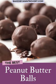 chocolate covered peanut butter balls on a plate with text overlay that reads the best peanut butter balls