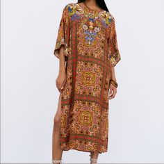 New With Tags Retails For $119 Style 7521/073 Midi Tunic Dress Wide Neckline Side Slits At Hem Below The Elbow Sleeves Embroidery And Bead Applique Detail Outer Shell: 52% Viscose - 35% Linen - 13% Modal Embroidery - 78% Polyester - 22% Cotton Embroidered Silk Maxi Dress, Summer Baroque Print Dresses, Summer Party Dress With Baroque Print, Summer Silk Midi Dress With Floral Embroidery, Summer Silk Embellished Embroidered Dress, Printed Silk Dresses With Short Sleeves, Printed Silk Dress With Short Sleeves, Bohemian Party Dress With Side Slits, Bohemian Dresses With Side Slits For Spring