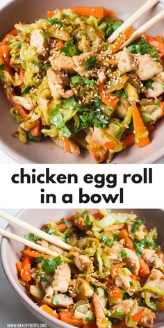 chicken egg roll in a bowl with chopsticks on top and the same side