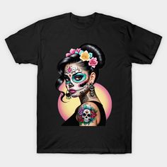 a woman with day of the dead makeup and flowers on her head wearing a black shirt