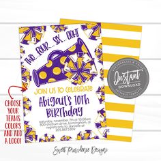 the purple and yellow birthday party is ready to be thrown into the air with its name on it