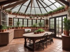 an indoor kitchen with potted plants on the table