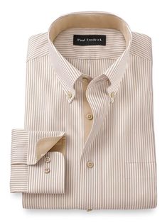 Comfort Stretch Non-iron Stripe Dress Shirt With Contrast Trim – Paul Fredrick Spring Classic Dress Shirt For Business Casual, Classic Spring Dress Shirt For Business Casual, Classic Cotton Oxford For Formal Occasions, Black Cotton Dress Shirt, Orange Dress Shirt, Yellow Shirt Dress, Striped Shirt Men, Clothes Business, Purple Dress Shirt