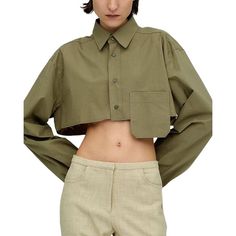 Color/Pattern: Khaki Approximately 19.3in From Shoulder To Hem 100% Cotton Hand Wash Imported Vetements Shoes, Short Blouses, Diy Vetement, White Shirts Women, Short Models, Cropped Blouse, Pullover Shirt, 가을 패션, Fall Fashion Trends