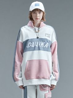 ❤︎ Pink splice stand collar bicolor top❤︎ Sportswear Top With Contrast Stripes And Crew Neck, Streetwear Sportswear Color Block Tops, White Color Block Long Sleeve Track Jacket, Pink Sporty Top With Double-lined Hood, White Color-block Sweatshirt For Streetwear, Zipper Sweatshirt, Press The Button, Sweatshirt Zipper, Collared Sweatshirt