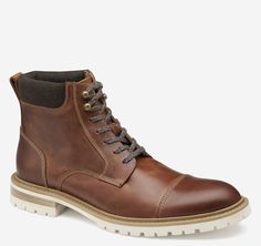 Barrett Cap Toe Boot | Johnston & Murphy Casual High-top Lace-up Boots With Goodyear Welt, Casual Cap Toe Work Boots With Leather Sole, Casual Cap Toe Boots With Rubber Sole, Fall Lace-up Work Boots For Walking, Casual Lace-up Boots With Goodyear Welt And Cap Toe, Rugged Boots With Cushioned Footbed For Fall, Leather Combat Boots With Lacing, Casual Cap Toe Outdoor Boots, Casual Leather Combat Boots With Laces