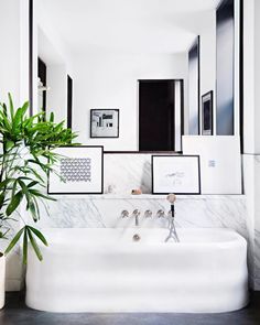 a white bath tub sitting next to a green plant in a bathroom under a mirror