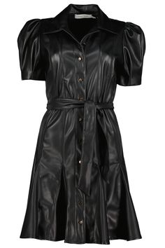 K4DDK2580-BLACKClea Vegan Leather Dress-40% Polyurethane 60% Polyester-Self-tie belt-Front button closure-Puffed sleevesFIT-True to size Super Mini Dress, Velvet Halter Dress, Dresses Materials, Trying Too Hard, Satin Wrap Dress, Leather Mini Dress, Black Halter Dress, Dress Home, Green Midi Dress