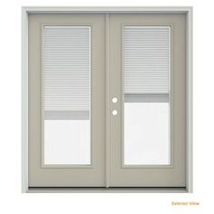 an exterior door with blinds on the side and two windows in the front, both closed