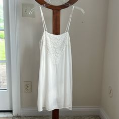 Lovely, Lightweight Lined White Flow Dress Or Tunic, Slightly Higher In The Back White Flowy Mini Dress With Adjustable Straps, White Summer Slip Dress With Spaghetti Straps, White Spaghetti Strap Slip Dress For Summer, Camisole Dress With Lace Trim For Vacation, White Cami Sundress, White Cami Sundress Mini Dress, Summer Cami Mini Dress With Lace Trim, Summer Cami Mini Dress For Brunch, Cami Mini Dress With Lace Trim For Summer