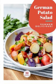 a white bowl filled with colorful vegetables on top of a wooden table next to parsley