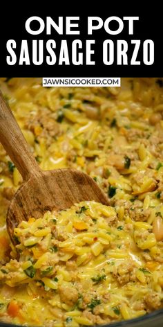 one pot sausage orzo in a skillet with a wooden spoon and text overlay that reads, one pot sausage orzo