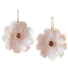 Nicole Landaw Large Mother of Pearl Flower Earrings | Quadrum Gallery Yellow Gold Drop Earrings, Pearl Flower, Yellow Gold Earring, Gold Drop Earrings, Pearl Drop, Gold Design, Flower Earrings, Mother Of Pearl, Semiprecious Stones