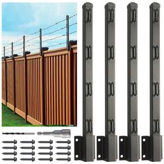 several different types of fence posts and brackets