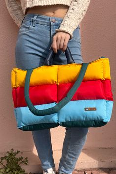 Rectangular Puffer Bag For Everyday Use, Trendy Blue Quilted Bag, Blue Quilted Nylon Bags, Everyday Multicolor Nylon Shoulder Bag, Blue Quilted Shoulder Bag For Travel, Blue Quilted Tote Shoulder Bag, Red Quilted Travel Bag, Blue Quilted Rectangular Bags, Multicolor Quilted Bags