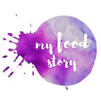 the words my food story are painted on a watercolor spot in purple and pink