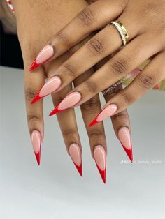 #rednaildesigns #redstilettodesign #naildesign #nailsoftheday French Tip Stiletto Nails, French Tip Stiletto, Red French Tip, Red Stiletto Nails, Acrylic Nails Stiletto, Minimal Nails Art, Wow Nails, Red Acrylic Nails