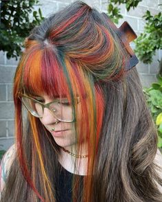 Hair Dye Colors For Hispanics, Hair Dye Multicolor, Creative Hair Dye Placement, Hair Dye Color Ideas For Brunettes, Fun Fashion Color Hair, Partly Dyed Hair Ideas, Blonde And Cherry Red Hair, Rainbow Hair Streaks, Earthy Hair Color