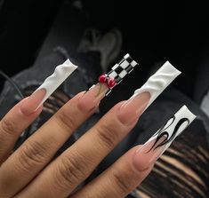 White Nails Trendy, Nails 3d Gel, Nails Goth, Checkered Nails, Retro Nails, Punk Nails, Cherry Nails, Drip Nails, Goth Nails