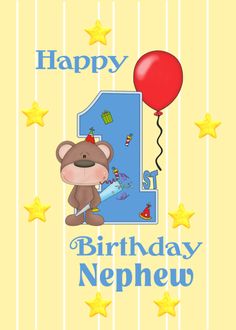 a birthday card with a teddy bear holding a balloon and the number one on it