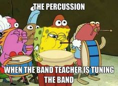 an image of cartoon characters with words on them that say, when the band teacher is tuning the band