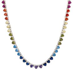 Meet our Heart Garland Rainbow Gemstone Necklace, the ultimate blend of love and colour. This unique necklace is a real showstopper. The entire length is adorned with a series of hearts, the hearts to the front are set with an assortment of eye-catching, lab-created gemstones. From blue topaz and peridot to lemon topaz, amethyst and more, to create a rainbow effect that's sure to brighten your day and your look. The remaining hearts keep it classy, with a polished silver finish giving off a shin Multicolor Heart Cut Jewelry For Valentine's Day, Multicolor Heart Cut Necklace For Valentine's Day, Multicolor Heart Cut Multi-stone Jewelry, Elegant Multicolor Necklace With Heart Charm, Elegant Multicolor Heart Pendant Necklace, Elegant Multicolor Heart Beads Necklace, Elegant Multicolor Heart Necklace For Valentine's Day, Elegant Multicolor Heart Cut Necklace, Multicolor Heart-shaped Gemstone Necklace